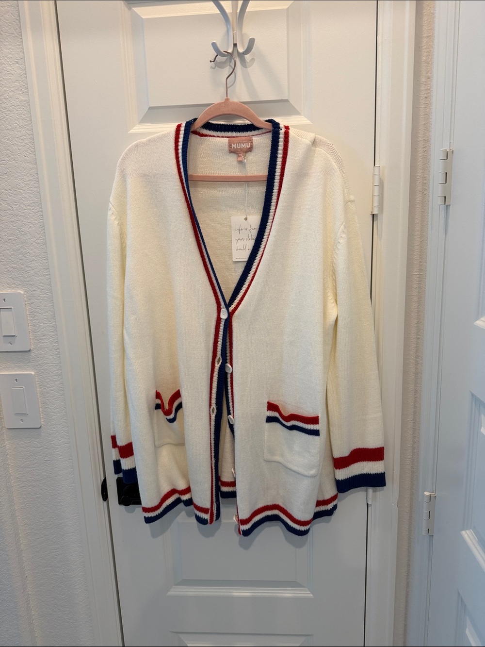 Show Me Your MuMu Cream Cardigan with Red & Navy Trim